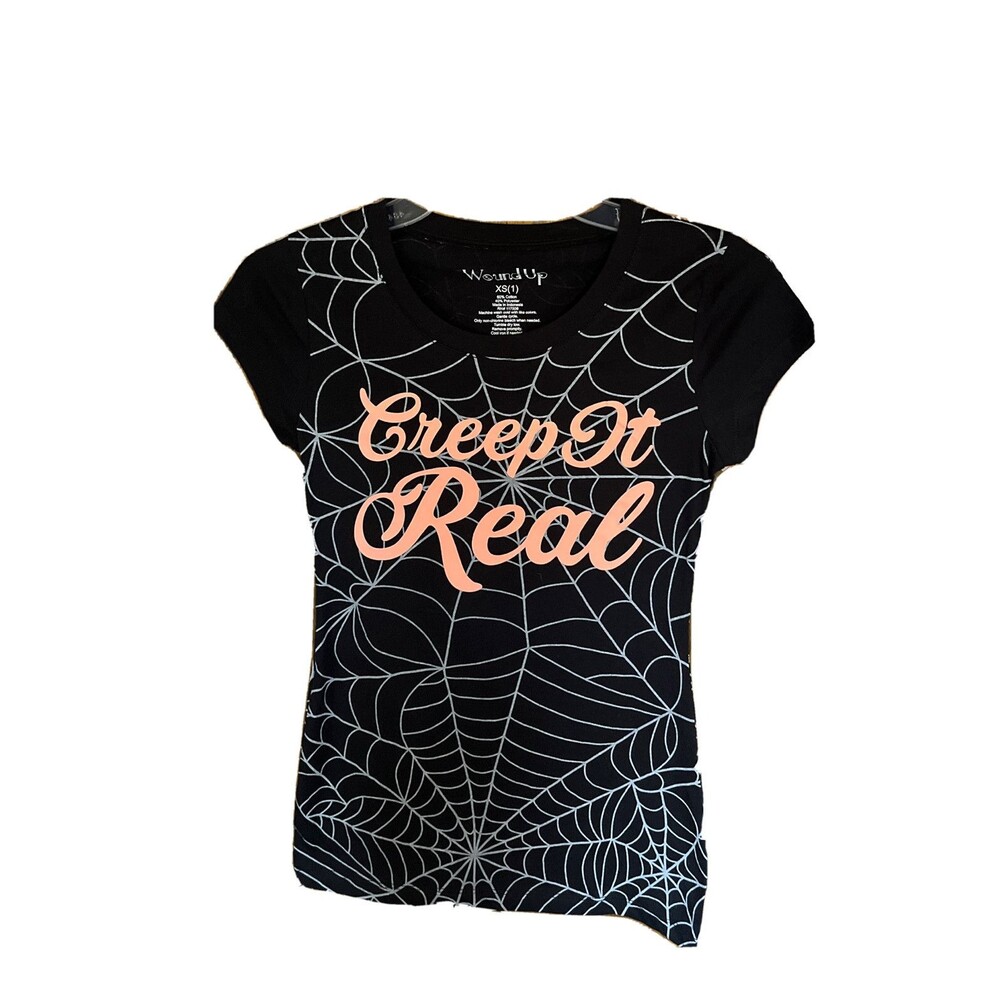 Wound Up Creep It Real T-shirt Juniors XS On Black Spider Webb Halloween Spooky